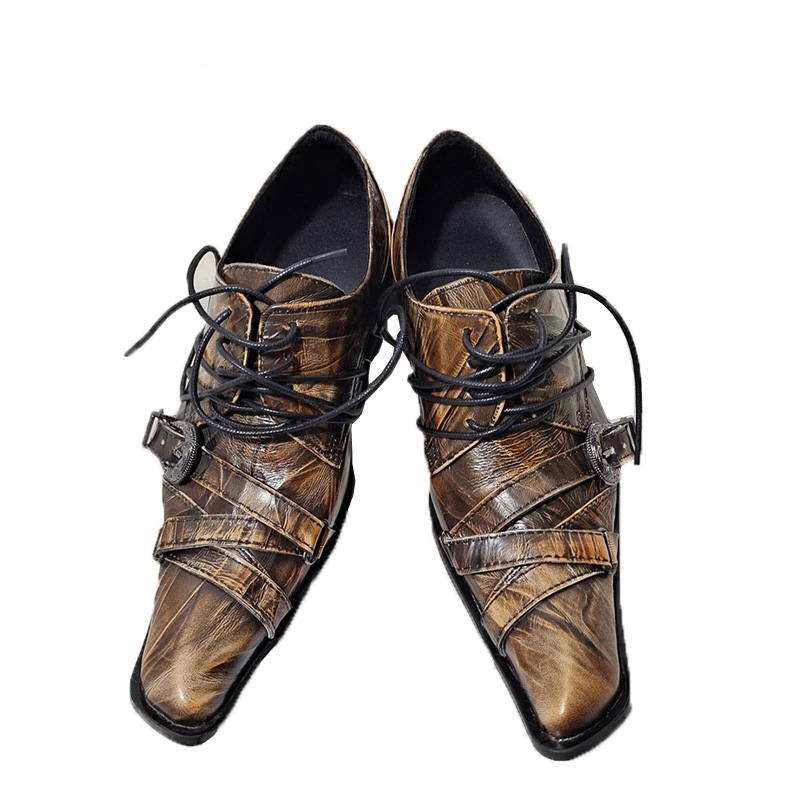 Japanese Style Handmade Men's Shoes Small Square Toe Lace-up Straps Bronze Leather Dress Shoes Men Party and Wedding