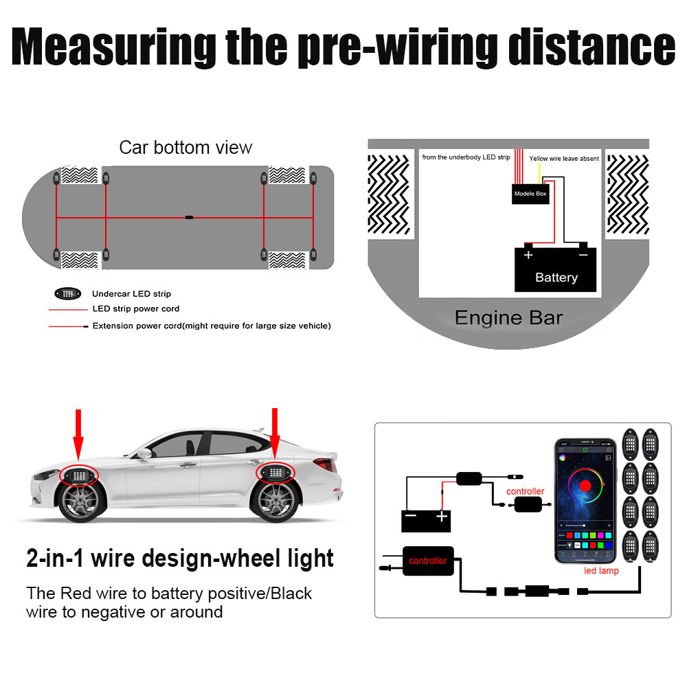 車LEDロックライト音楽同期Bluetooth App Control 8 in 1 RGB Chassis Light Undergolw