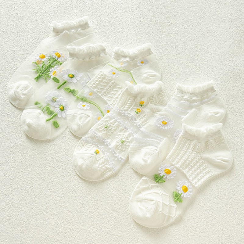 Femmes filles été fleur chaussettes broderie marguerite respirant dentelle verre soie chaussette courte antidérapant Invisible Ultra mince cheville chaussettes