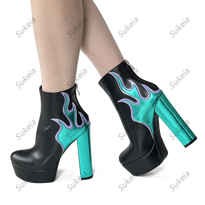 Sukeia el yapımı kadınlar kış ayak bileği botları alev geri fermuar yuvarlak ayak parmağı topuklu yeşil parti ayakkabıları bayanlar beden 5-20