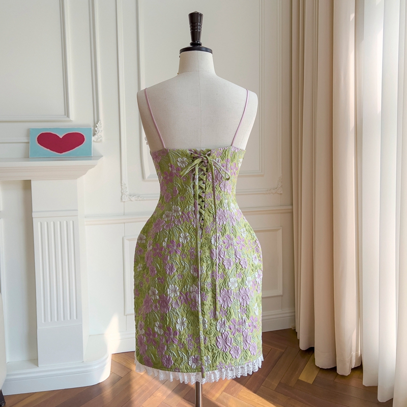 2023 été vert imprimé fleuri perlé Jacquard robe Spaghetti sangle chérie cou dentelle lambrissé courtes robes décontractées J3L047948