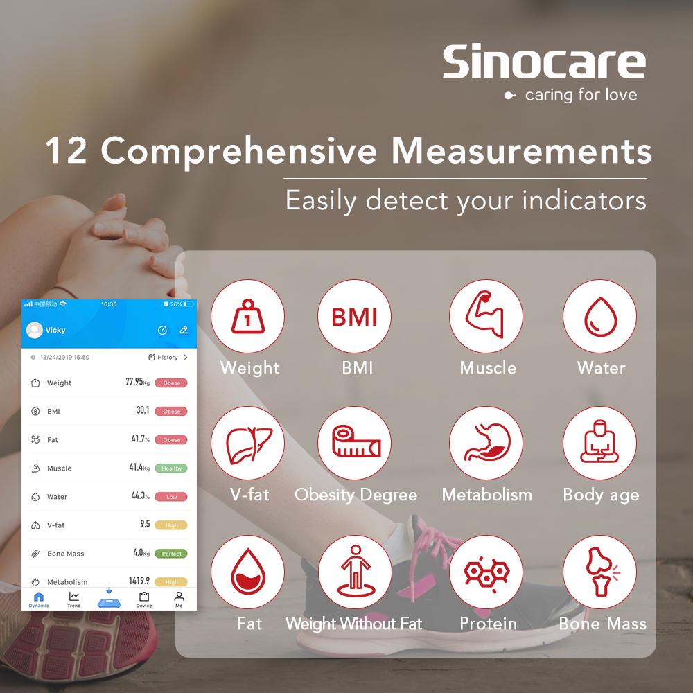 Moniteurs Sinocare Smart Body Fat Composition Scale Salle Scale Test 12 Corps Date Masse IMC Échelle de poids de santé Affichage LED Bluetooth