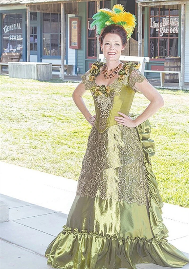 Vestidos de noite verde-oliva Traje de agitação vitoriana Mangas curtas Pregas Espartilho babado The Gilded Age Vestidos de festa de formatura