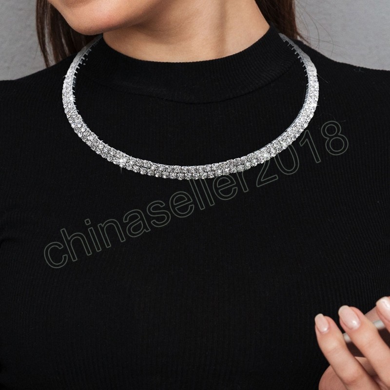 Birdal smycken set för kvinnor bröllop 2 rad strass choker halsband kristall armband ring fyrkantig stud öron silver färg