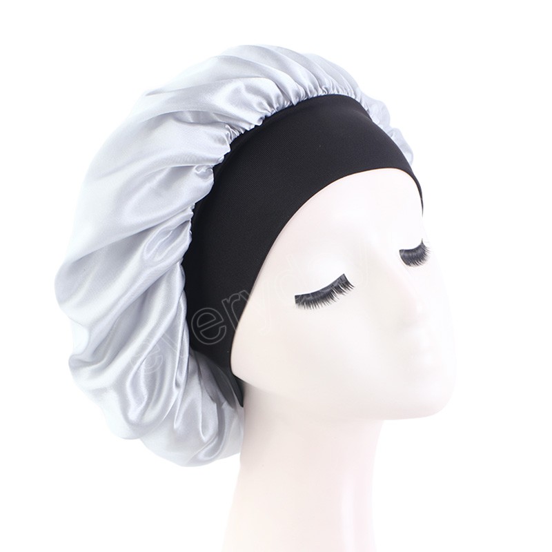 Svart turban hatt brett band satin motorhuv Kvinnor sovmössor badrum natt sömn beanie cap femme hårhat