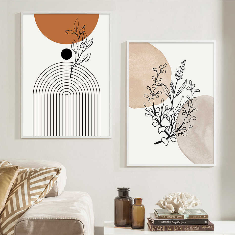 Linha abstrata geométrica Bege Boho Posters Pintura em tela Wall Art Print Pictures Quarto Sala de estar Interior Decoração de casa EW42