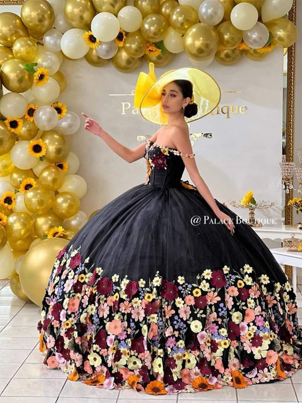 Noir 3D Floral Princesse Quinceanera Robes Puffy Jupe Hors Épaule À Lacets Corset Prom robes de 15 ans Quinceaneras 2023