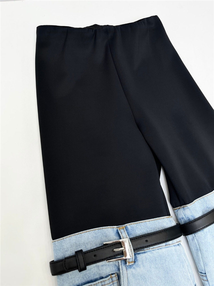 سراويل جينز أسود زرقاء للنساء الأنيقة غير الرسمية عالي مخصصة الكابريس وسراويل مستقيمة اختيارية بطول الركبة