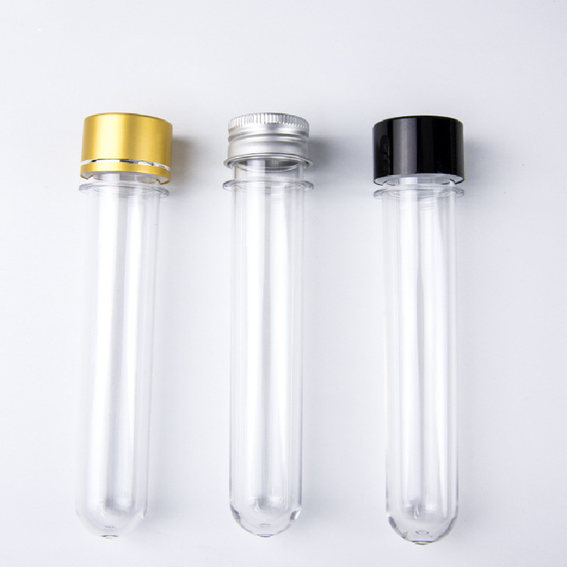 Fond rond 40 ml 45 ml 50 ml 55 ml PET tube à essai en plastique bouteille emballage tube d'affichage de bonbons transparent avec couvercle à vis en aluminium livraison gratuite