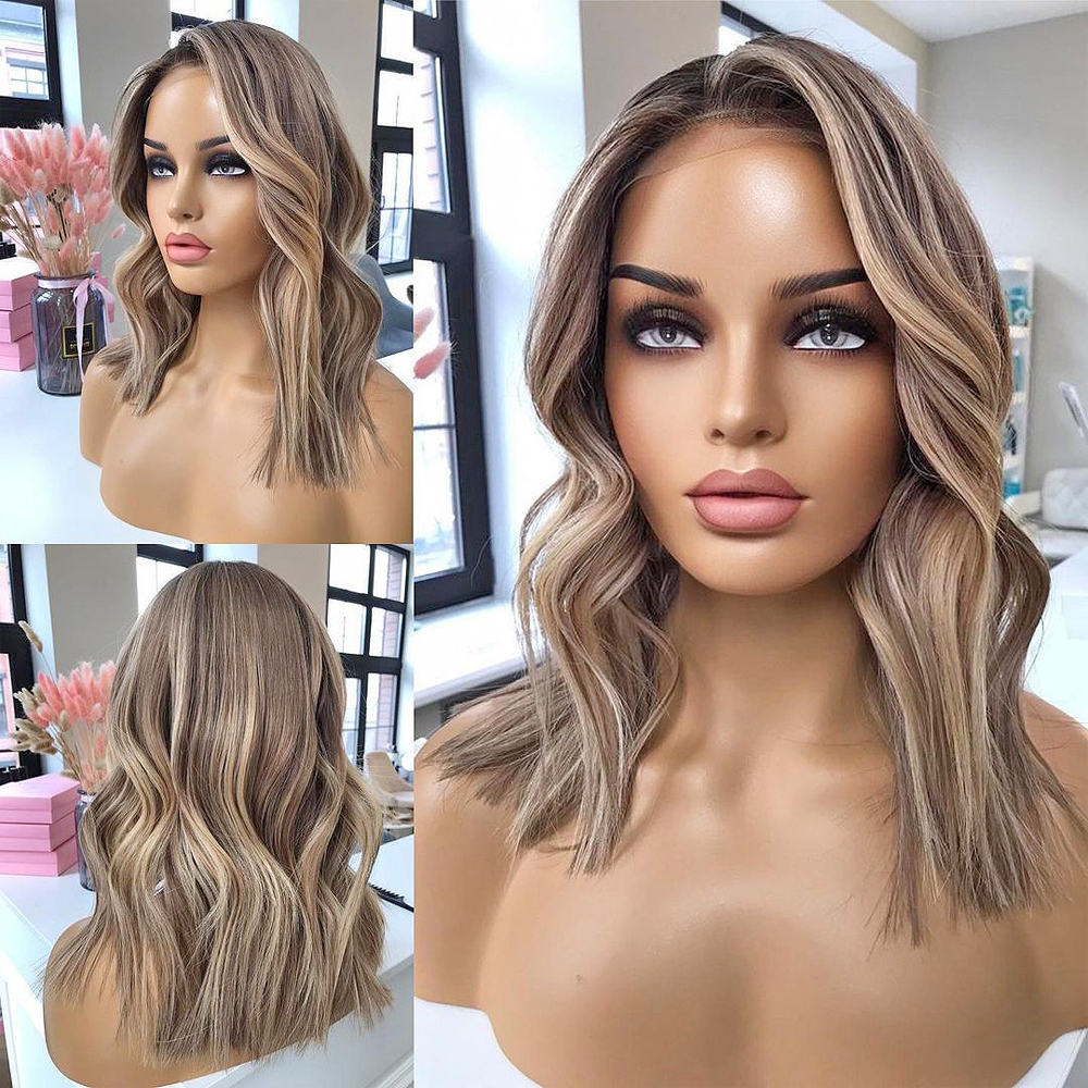 Short Wavy Bob Human Hair Lace Wigs Ash Blonde Highlights Lace Front Wigs for Women Ombre Platinum Blonde Lace Frontal Wig Synthetic