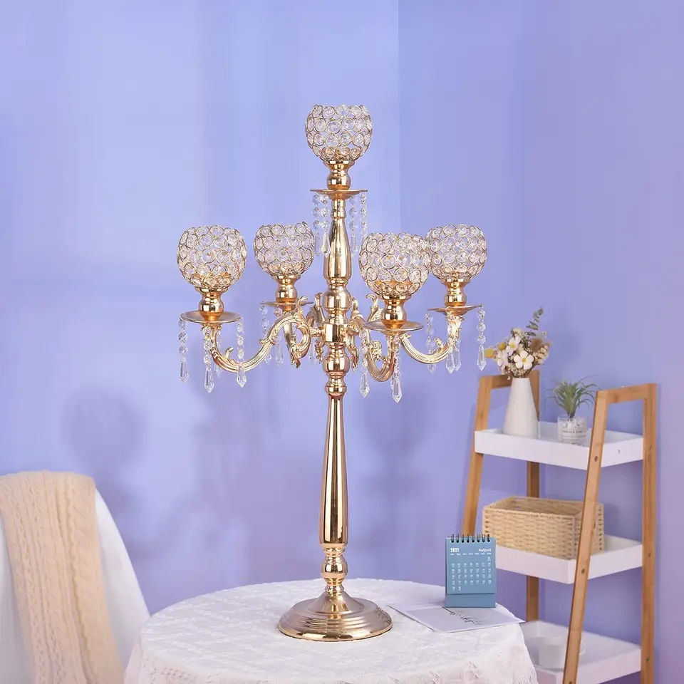 5 Arms Gold Metal Crystal Candelabra Kandelaars Bruiloft Decoratie Party Tafel Centerpieces Theelichtje Kaarsen Houders imake998