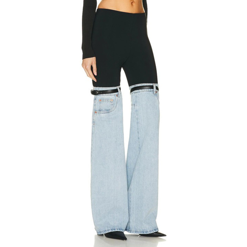 Black-Blue Patchwork Jeans for Women Stylish Casual High-waisted Long Capris and Knee-length Optional Straight Pants