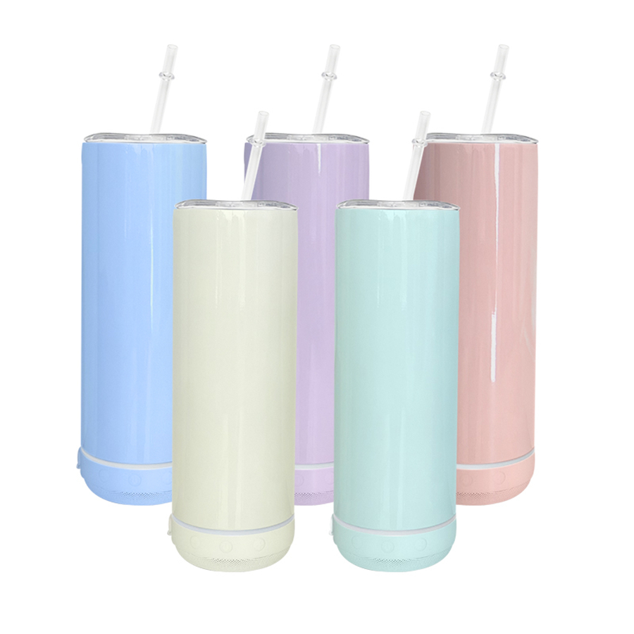 US Warehouse 20oz Sublimation Macaron BluetoothスピーカーTumbler Sublimationスリムストレートタンブラーワイヤレスミュージックカップステンレススチールスマートウォーターボトル