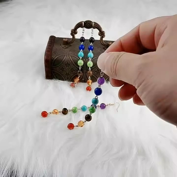 Regenboog Ronde Natuursteen Oorbellen 7 Chakra Oorbellen Vrouwen Lange Omzoomd Verklaring Kralen Oorbel Reiki Healing Sieraden