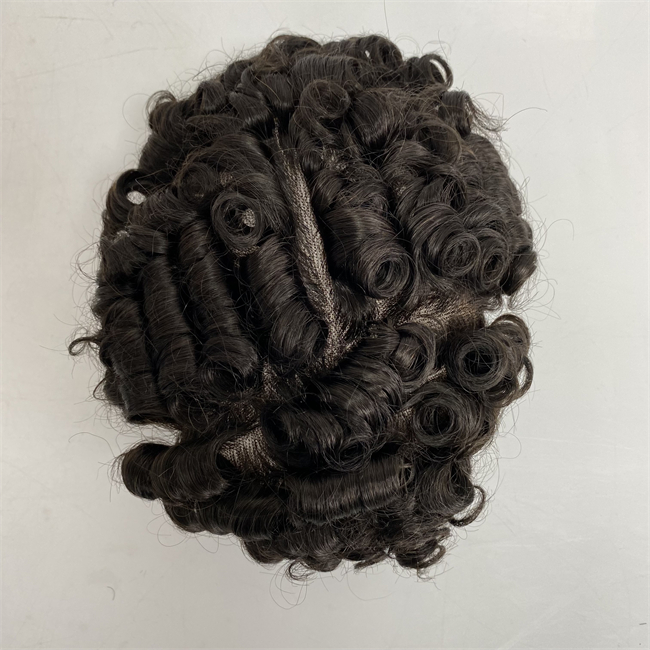 6 tum indiska jungfruliga mänskliga hårsystem #1b 20mm curl toupee 8x10 mono spets enhet för vita män