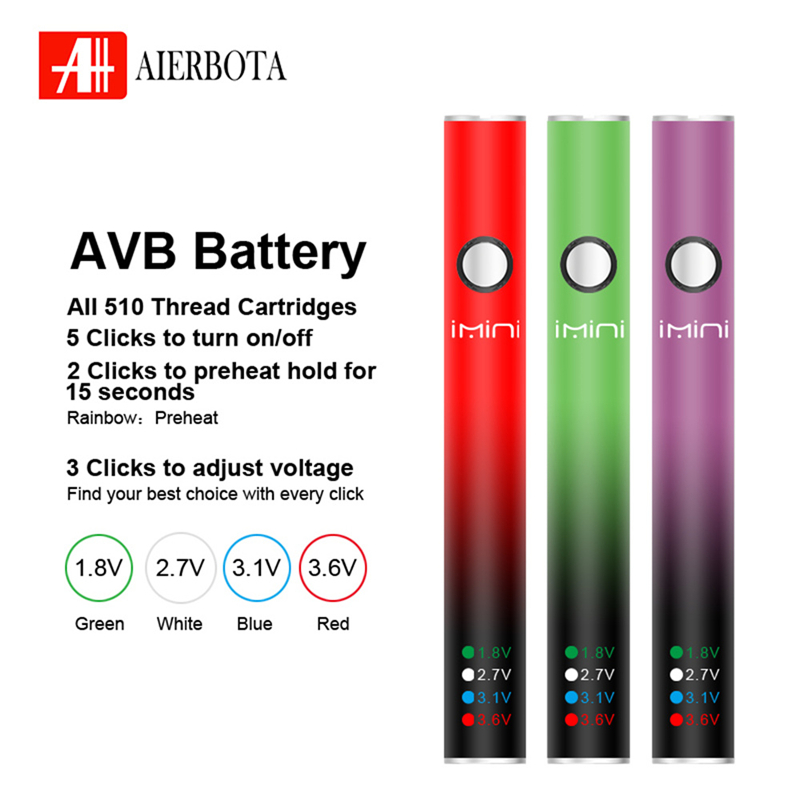 Preriscaldamento batteria a bottone Imini AVB 380mAh Preriscaldamento a tensione variabile VV con impostazione a 4 livelli 510 Vapers Pen adatto cartucce serbatoio 510 Thread in Display Box in stock