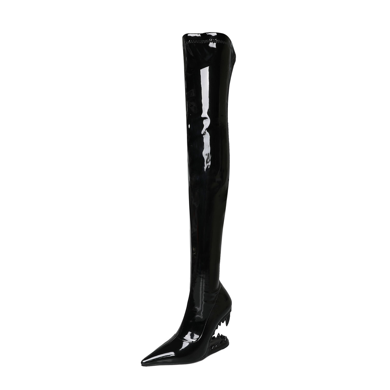 2023 neue Tiger Zähne Geformte Ferse Frauen schuhe Spitz High Heel Lack Leder Sexy Mode Wrap Bein Elastische Stiefel Über knie Stiefel