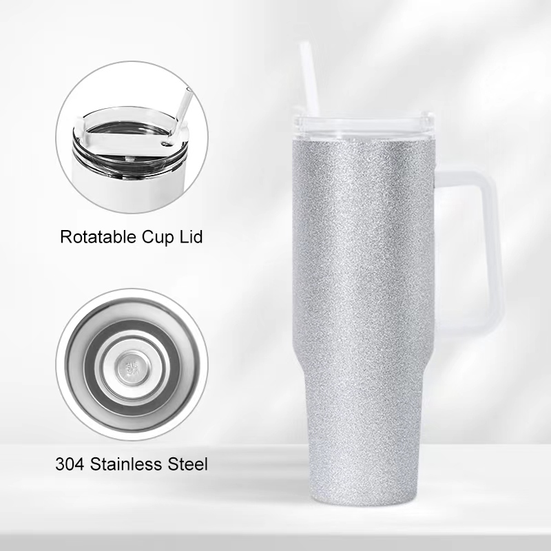 local warehouse Sublimation rought glitter 40oz tumbler with lids and Handle shimmer sublimation tumblers big capacity stainless steel Reusable Tumbler