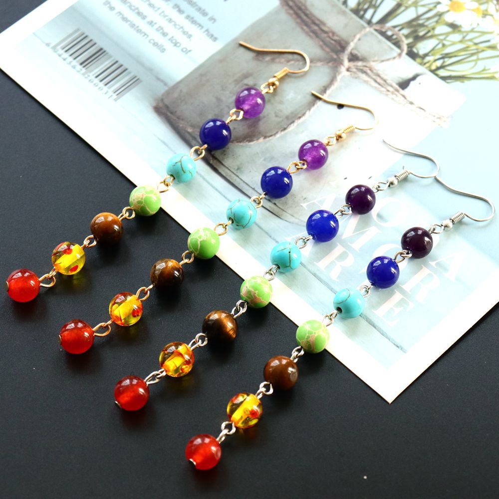 Rainbow Round Natural Stone Earrings 7 Chakra Earrings Women Long Fringed Statement Beads Earring Reiki Healing Jewelry