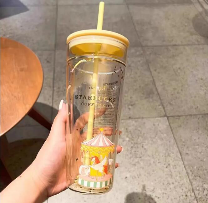 Högkvalitativ kreativ Drinkware Starbucks Mug Pink Cherry Blossom stor kapacitet Glaskopp med halmkopp