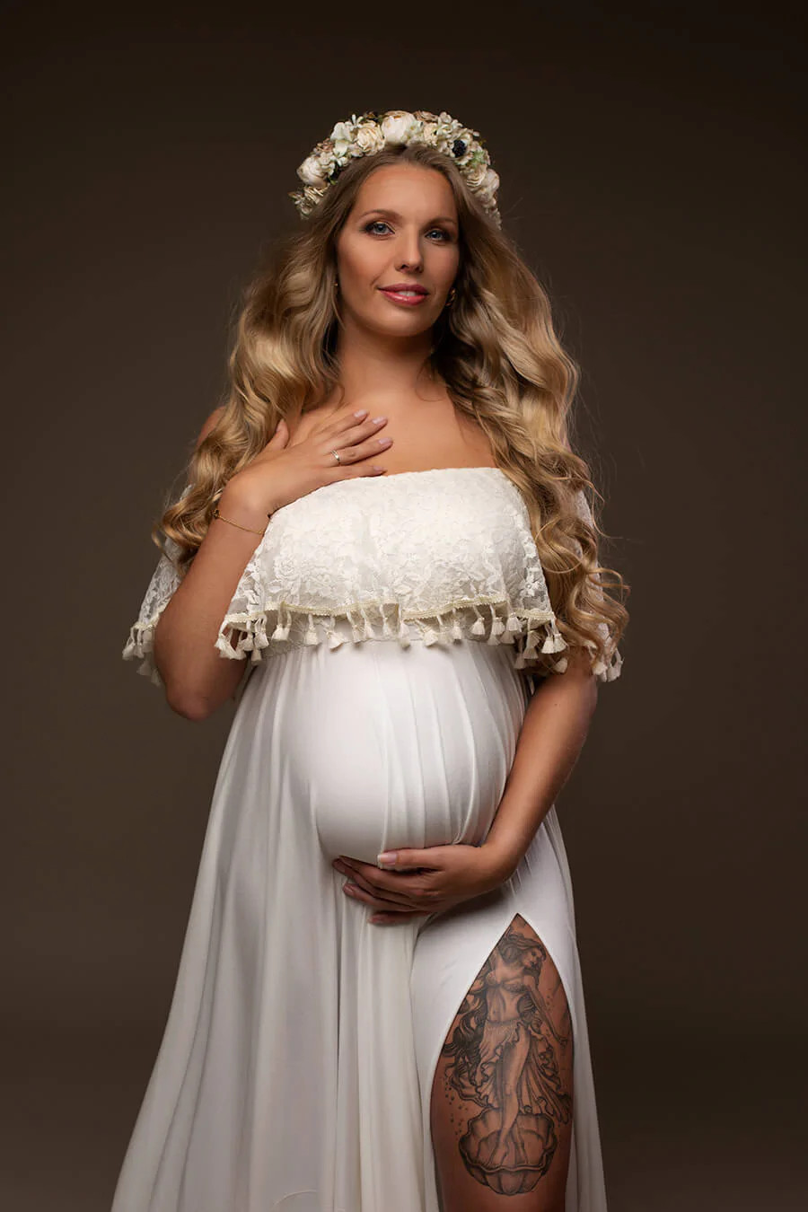 Weiße Quasten-Umstandskleider, Fotografie-Requisiten, sexy, seitlich geteiltes Maxikleid für schwangere schulterfreie Frauen, langes Schwangerschaftskleid für Fotoshootings