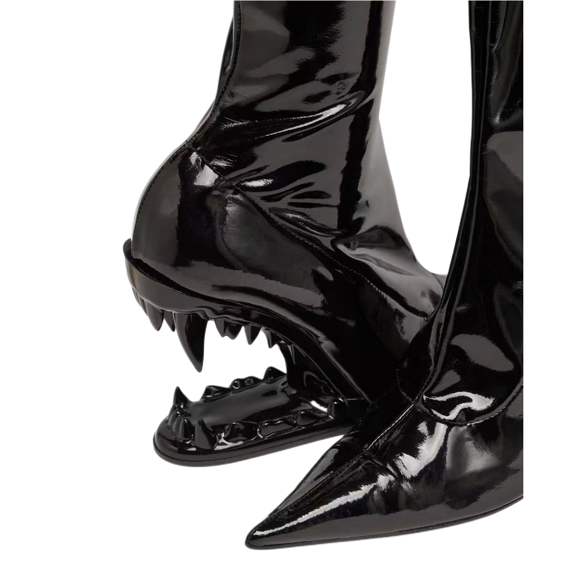 2023 neue Tiger Zähne Geformte Ferse Frauen schuhe Spitz High Heel Lack Leder Sexy Mode Wrap Bein Elastische Stiefel Über knie Stiefel