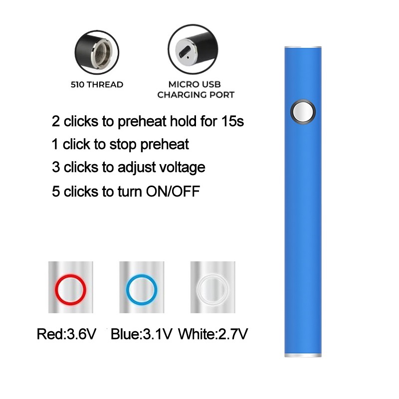 Bateria máxima do fabricante autêntico 10,5 mm de diâmetro Cartucho da bateria Passagem USB 350mAh Tensão de pré-aquecimento VV Vape Pen para 510 Fornecimento direto do fabricante