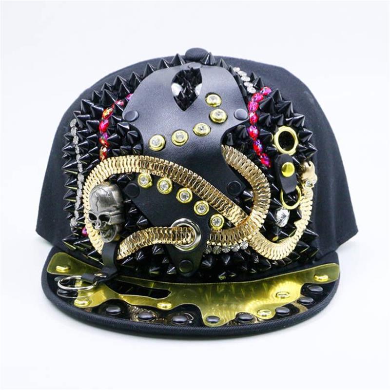 Punk Ball Cap Hip Hop Unisex Stylish and Porous Flat Brim Cap with Skull and Studs Decoration