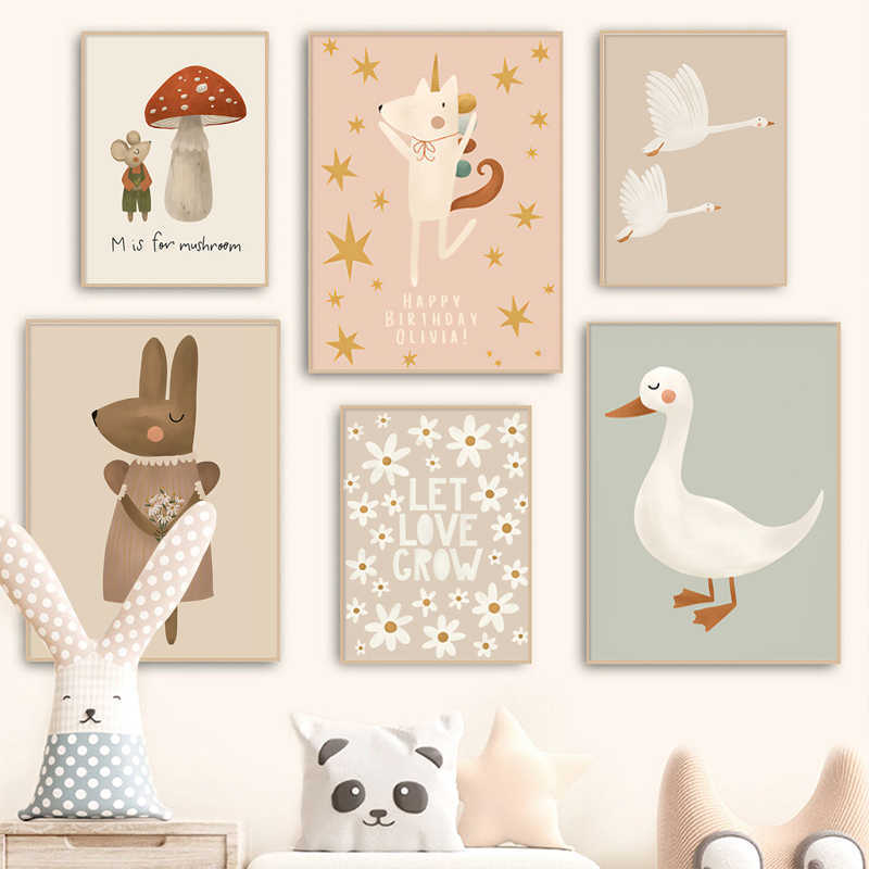 Nordic Cartoon Vos Konijn Muis Gans Eend Wall Art Canvas Schilderij Kwekerij Poster en Prints Pictures Baby Kinderkamer Decor 0GHY