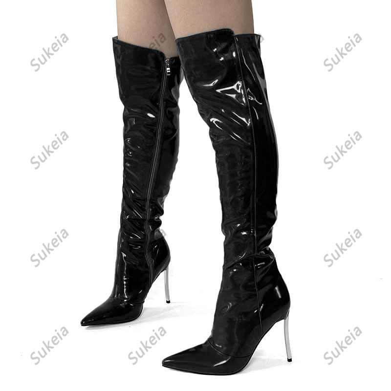 Sukeia femmes sur les bottes au genou fermeture éclair complète talons aiguilles bout pointu jolie bleu clair chaussures de fête dames taille américaine 5-15