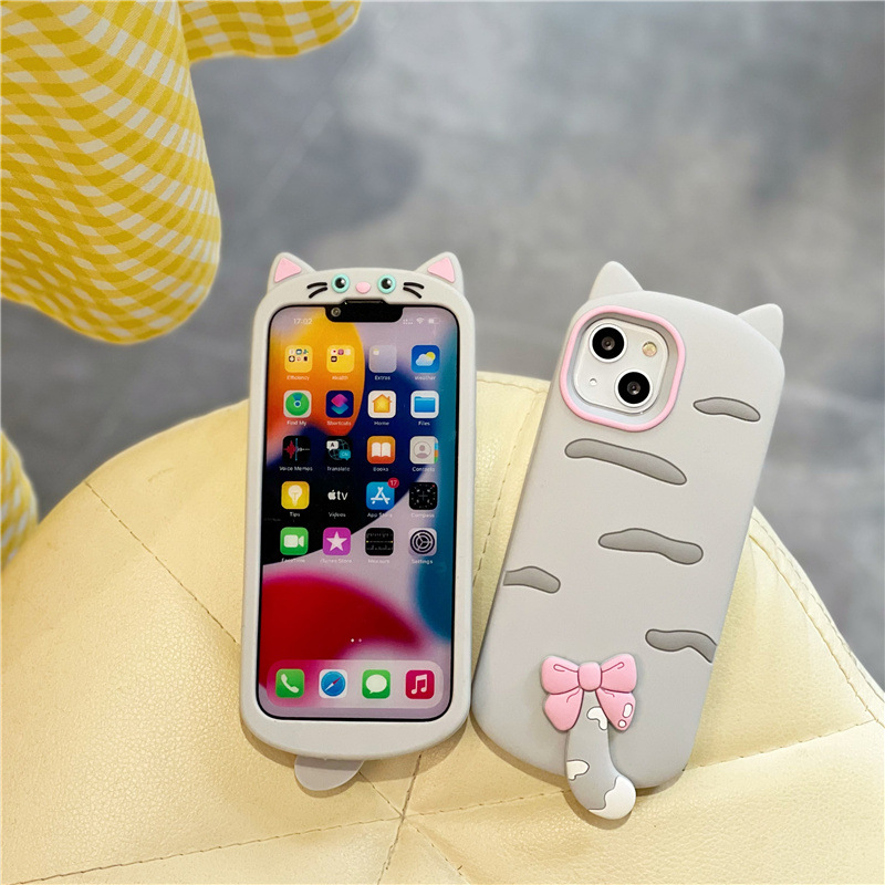 Darmowy hurtowa kreskówka DHL Bowknot Cat Tail Case 3D Case na iPhone 14 Plus 13 12 11 Pro Max Animal Słodka miękka silikonowa ochrona telefonu Gir Gir