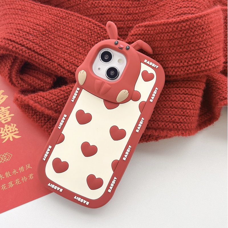 DHL gratuit gros coréen ins mignon coeur d'amour lapin oreille rouge 3D téléphone étui pour iPhone 14 13 12 11 Pro Max 14pro 13pro Silicone protection souple Cove