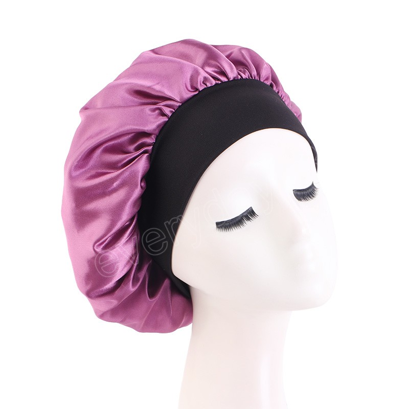 Svart turban hatt brett band satin motorhuv Kvinnor sovmössor badrum natt sömn beanie cap femme hårhat