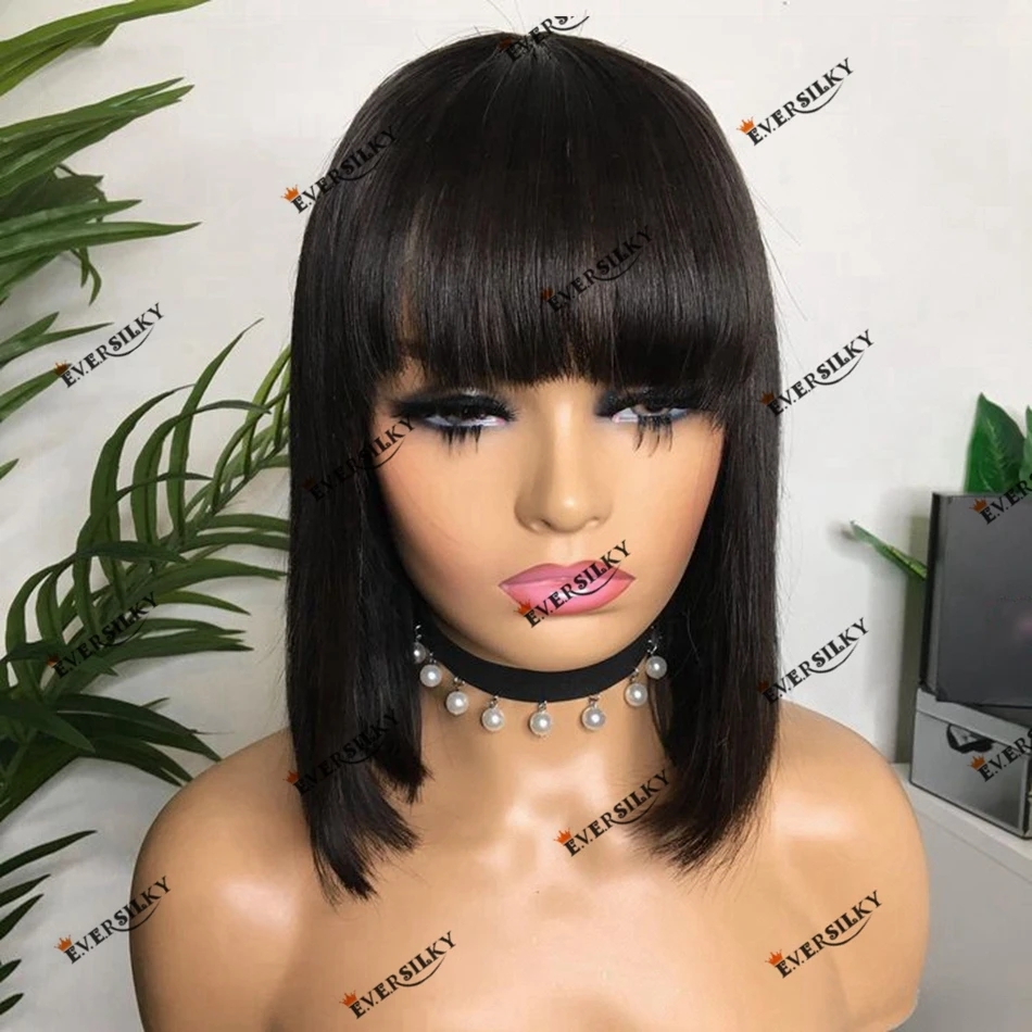 Jet Black Full Lace Wigs 100% Cabelo Humano Short Bob Silky Straight Transparent HD Lace Front Wig 360 Lace Frontal Remy Indian Hair Fringe Bangs Wig for Women