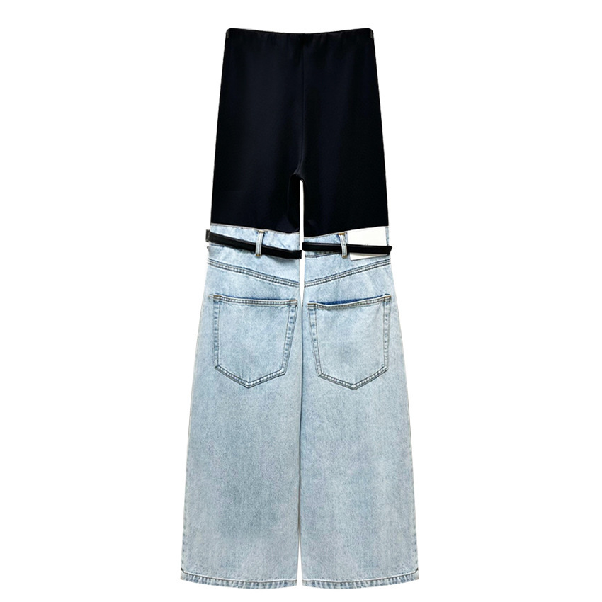 Black-Blue Patchwork Jeans for Women Stylish Casual High-waisted Long Capris and Knee-length Optional Straight Pants