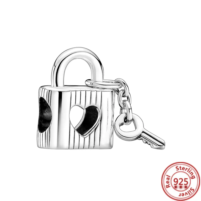 925 Silver Charm Beads Dangle Openwork Chain Link Padlock Heart Key Lock Bead Fit Pandora Charms Bracelet DIY Jewelry Accessories