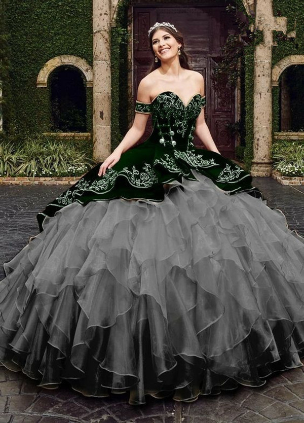 Hunter Green Velvet Princess Quinceanera klänningar från axel broderi ruffles kjol snörning korsett vestidos de 15 anos