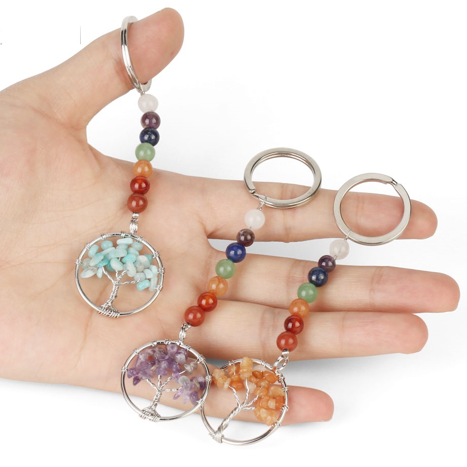 Naturstein 7 Chakra Schlüsselanhänger Energie Yoga Reiki Baum des Lebens Anhänger Schlüsselhalter für Frauen Accessoires Schmuck