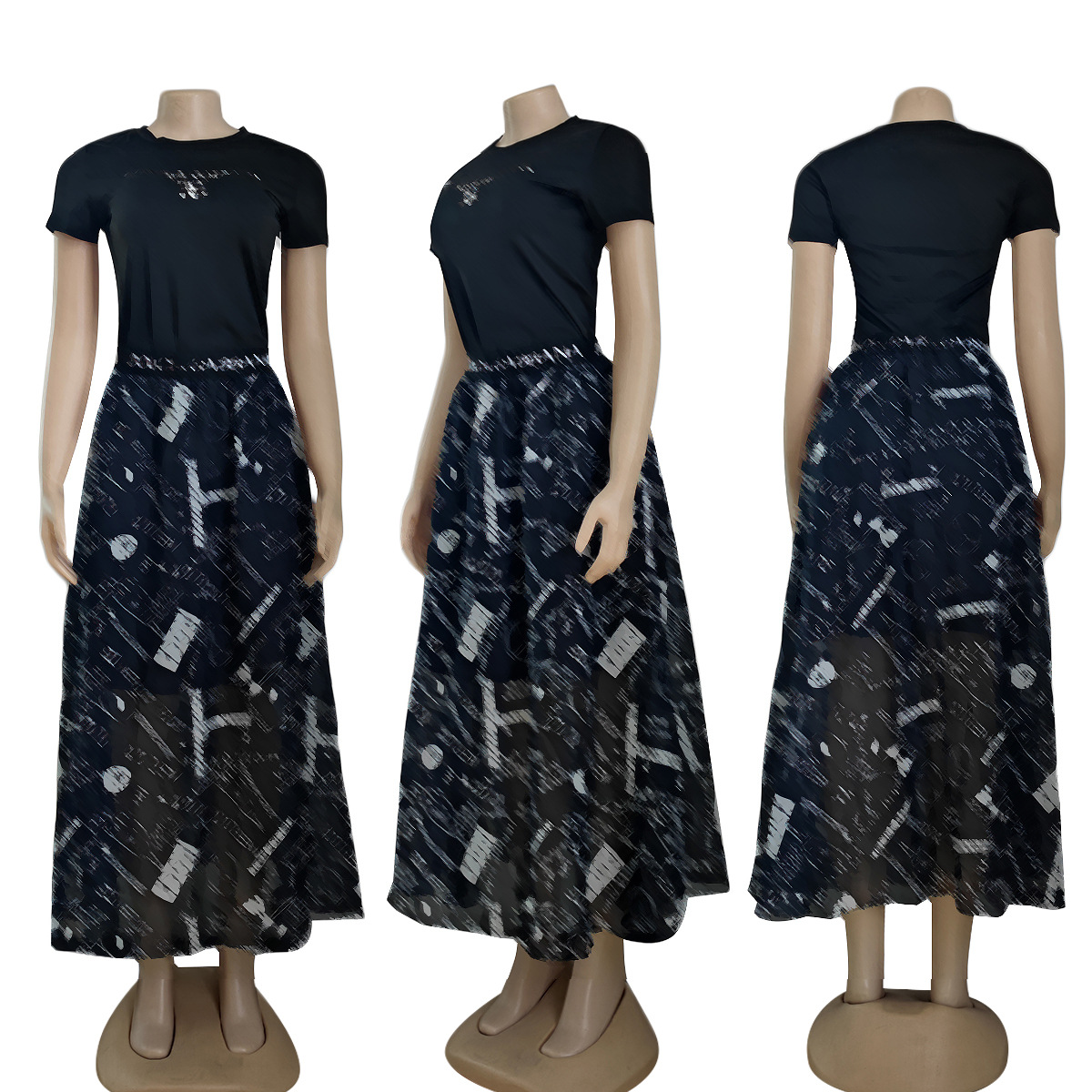 Sommer zweiteiliges Kleid für Damen, lässiges T-Shirt und Chiffonrock, 2-teiliges Set, Outfits, freies Schiff