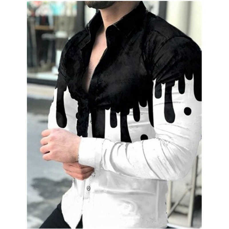 Camisa masculina estampada de manga comprida com lapela de botão casual top suéter de luxo vestido de noite jornal texto moda arte