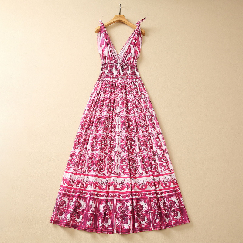 2023 Summer Multicolor Paisley Print Ri nadąsek Bow Bawełna sukienka Spaghetti Pasek V Neck panele długie Maxi Sukienki S3L090608