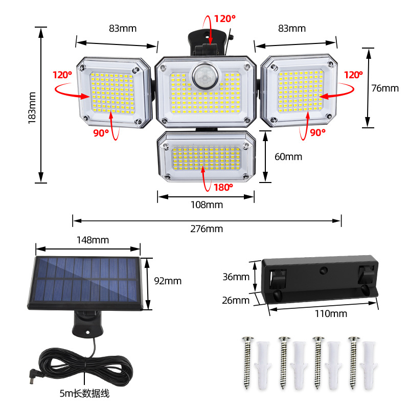 Lâmpada de parede externa Luzes solares, 226 LED Sensor de movimento, 3 cabeças com 3 modos, IP65 à prova d'água, segurança remota LED Holofote na varanda da garagem