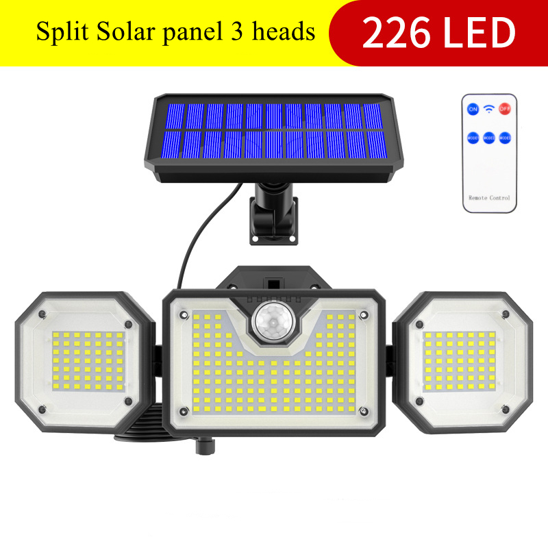 Applique murale d'extérieur Lampes solaires, 226 LED Projecteur à détecteur de mouvement, 3 têtes avec 3 modes, IP65 étanche, Projecteur à LED de sécurité à distance garage porche cour villa