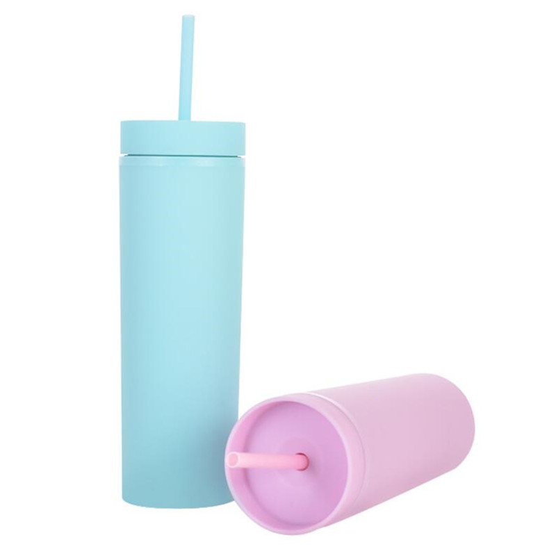 es Tazas reutilizables en stock Vasos delgados de acrílico de 16 oz Taza de color mate Botella de agua con aislamiento de doble pared Café Beber tazas con tapas Pajitas gratis