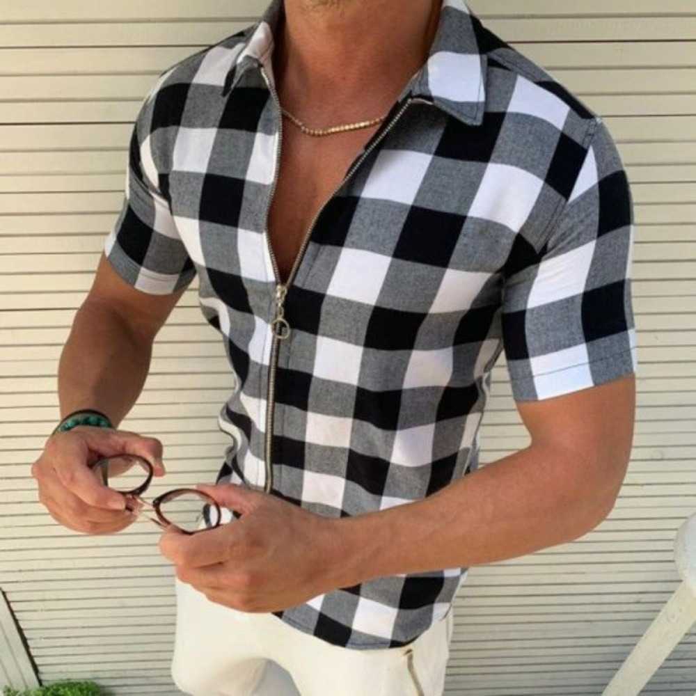 Men's zippered plaid lapel shirt short sleeved cardigan fitted top fashionable