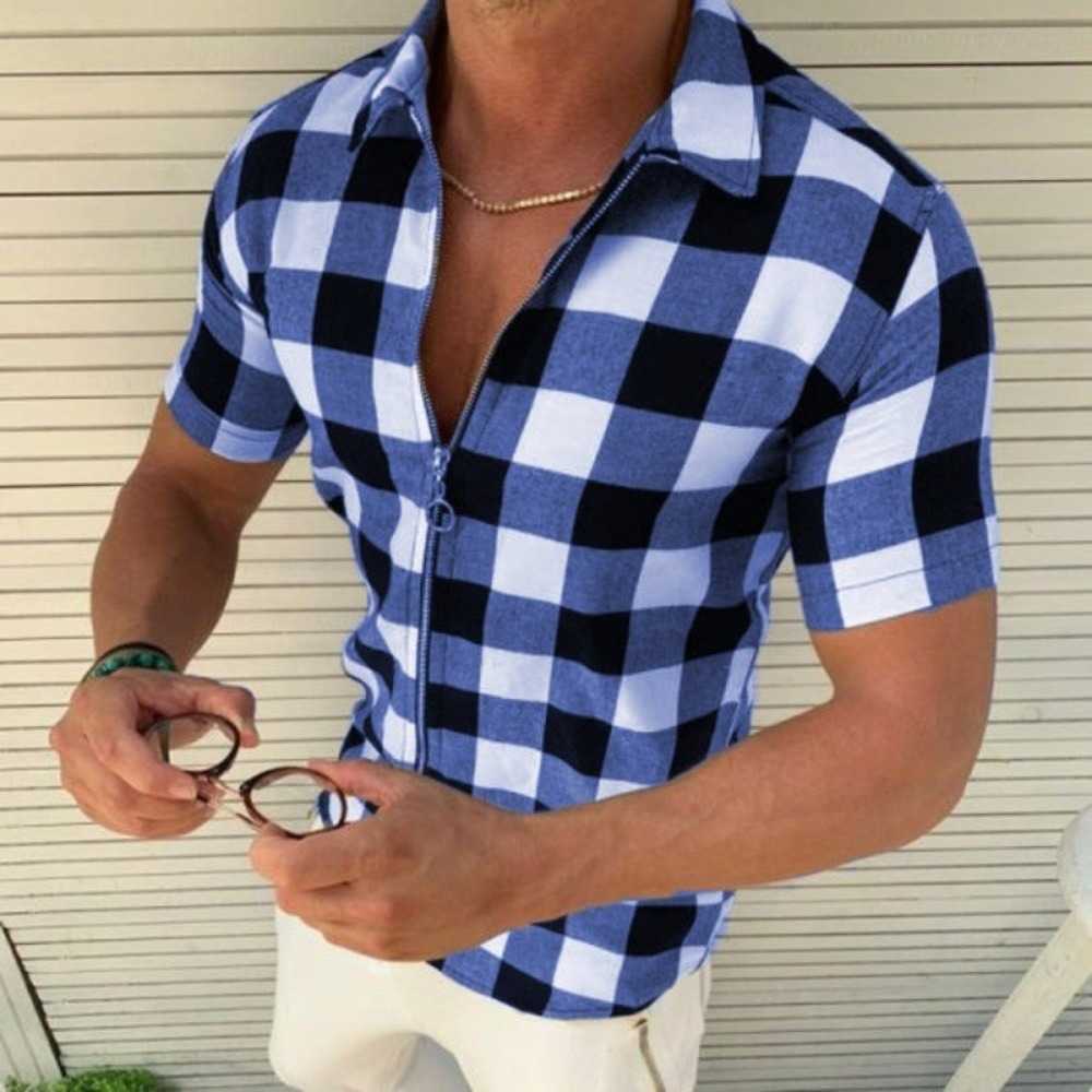 Men's zippered plaid lapel shirt short sleeved cardigan fitted top fashionable
