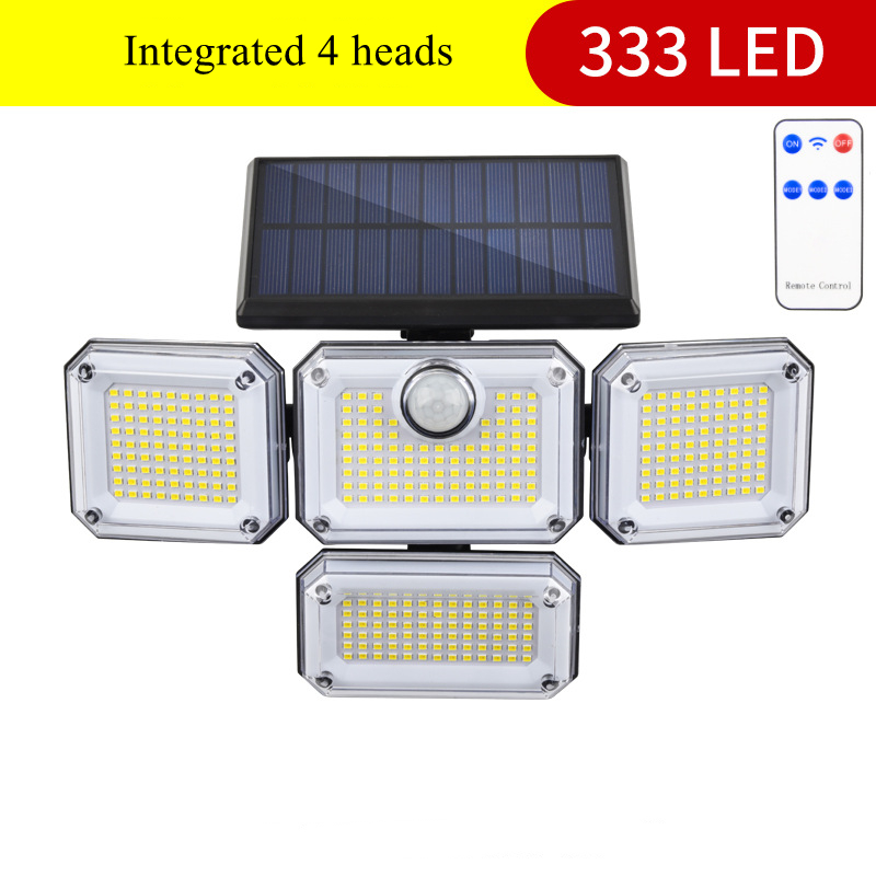 Lâmpada de parede externa Luzes solares, 226 LED Sensor de movimento, 3 cabeças com 3 modos, IP65 à prova d'água, segurança remota LED Holofote na varanda da garagem