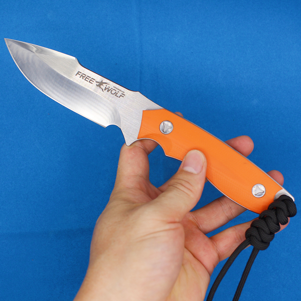 Free Wolf M2371 Gerades Outdoor-Jagdmesser, 5Cr13Mov Satin-Drop-Point-Klinge, orangefarbener G10-Griff mit feststehender Klinge, Kydex und Überlebenspfeife