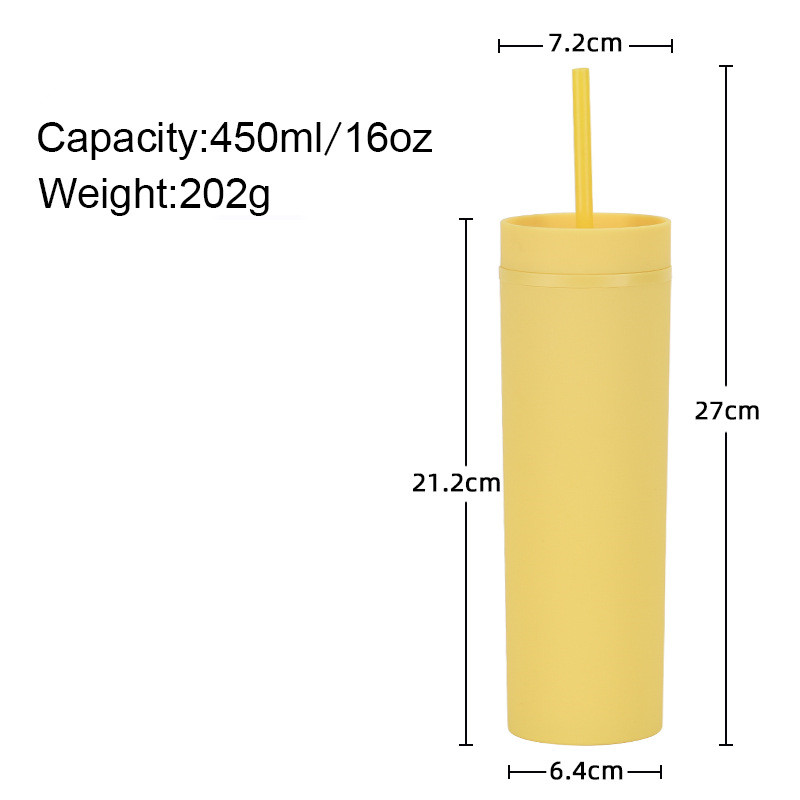 16oz Skinny Tumblers Double Wall Insulated Plastic Matte Pastel Acrylic Straight Tumbler Coffee Drinking Sippy Cups With Lid and Straws