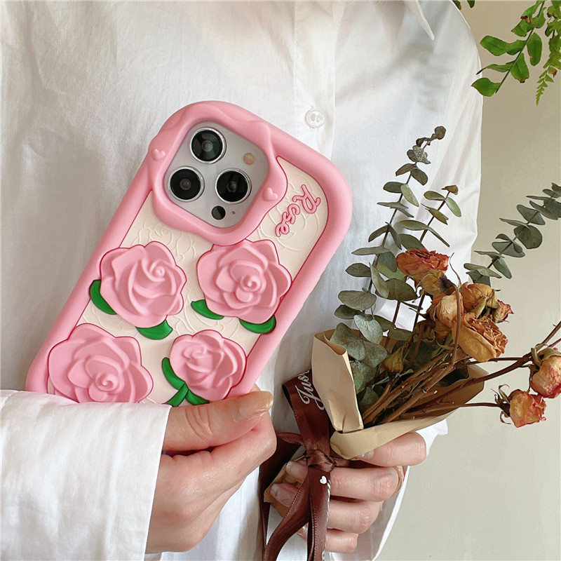 free DHL wholesale 3D Cartoon Cute Pink Rose Flower Floral Phone Case For iphone 14 13 12 Pro Max i11 14pro 13pro 12pro Kid 3D Shockproof silicagel silicone Soft Cover